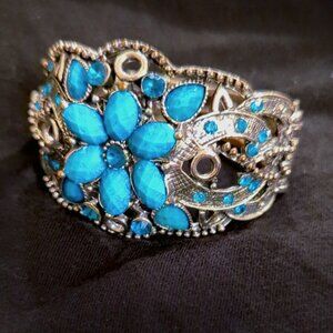 Silver and Turquoise Hinged Floral Statement Bracelet
